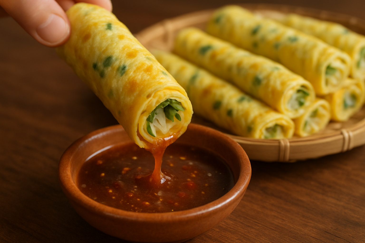 Cuốn trứng chấm sốt me ngon miệng